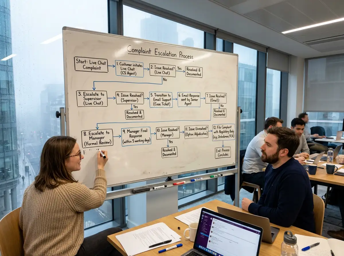 Complaint escalation flowchart from live chat to regulatory authority