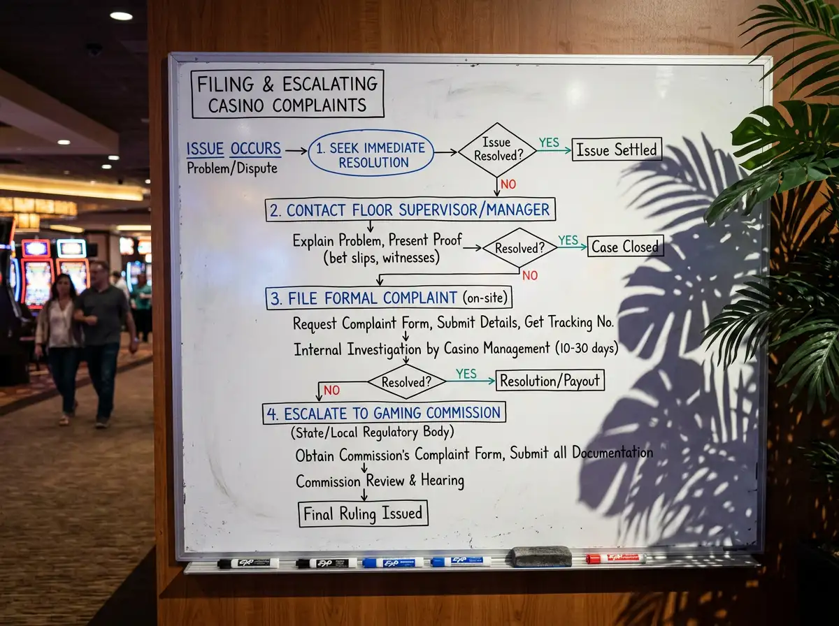 Step-by-step process for filing and escalating casino player complaints