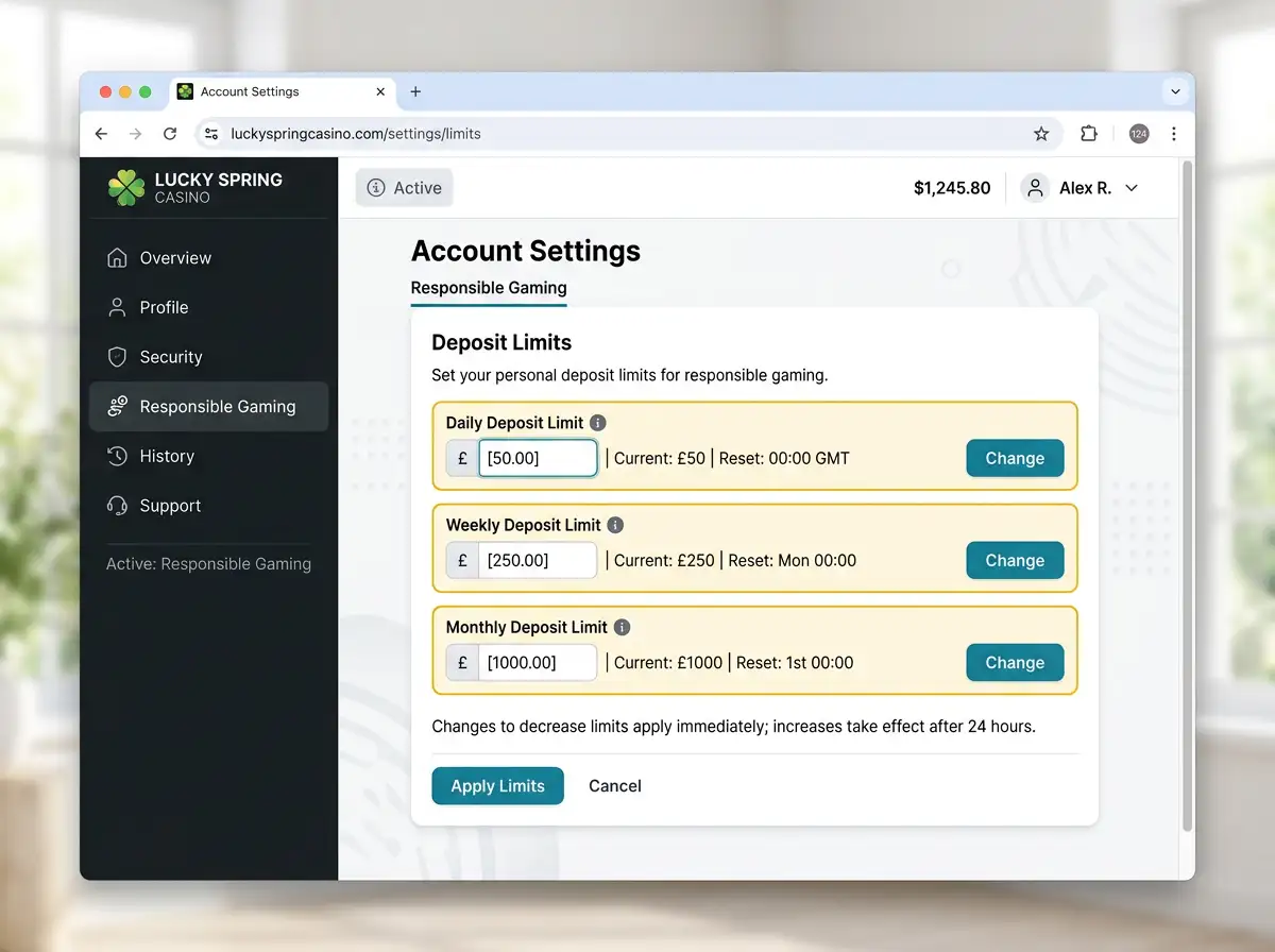 Deposit limit configuration screen in Loki Casino account settings