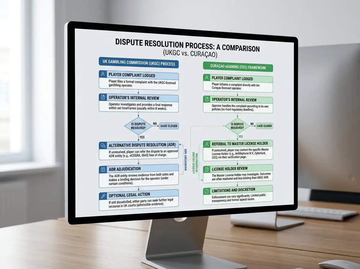 Dispute resolution process flowchart for UKGC vs Curaçao licensed casinos