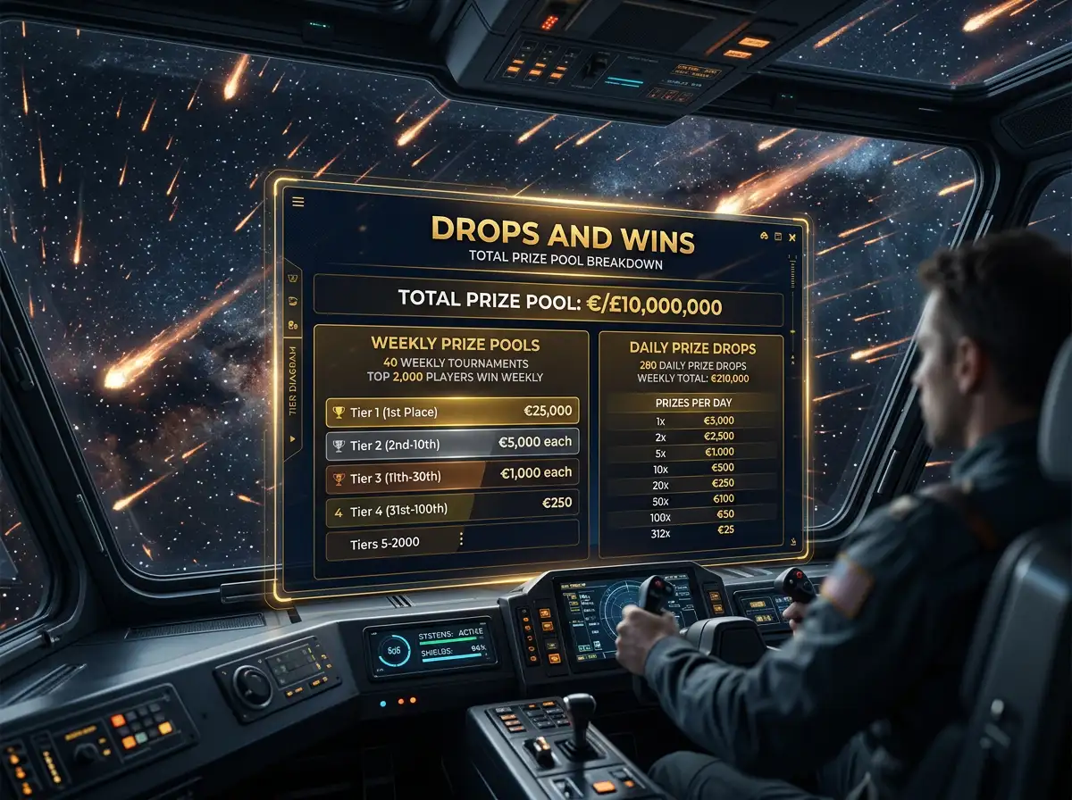 Drops and Wins monthly prize pool breakdown showing daily and weekly prizes