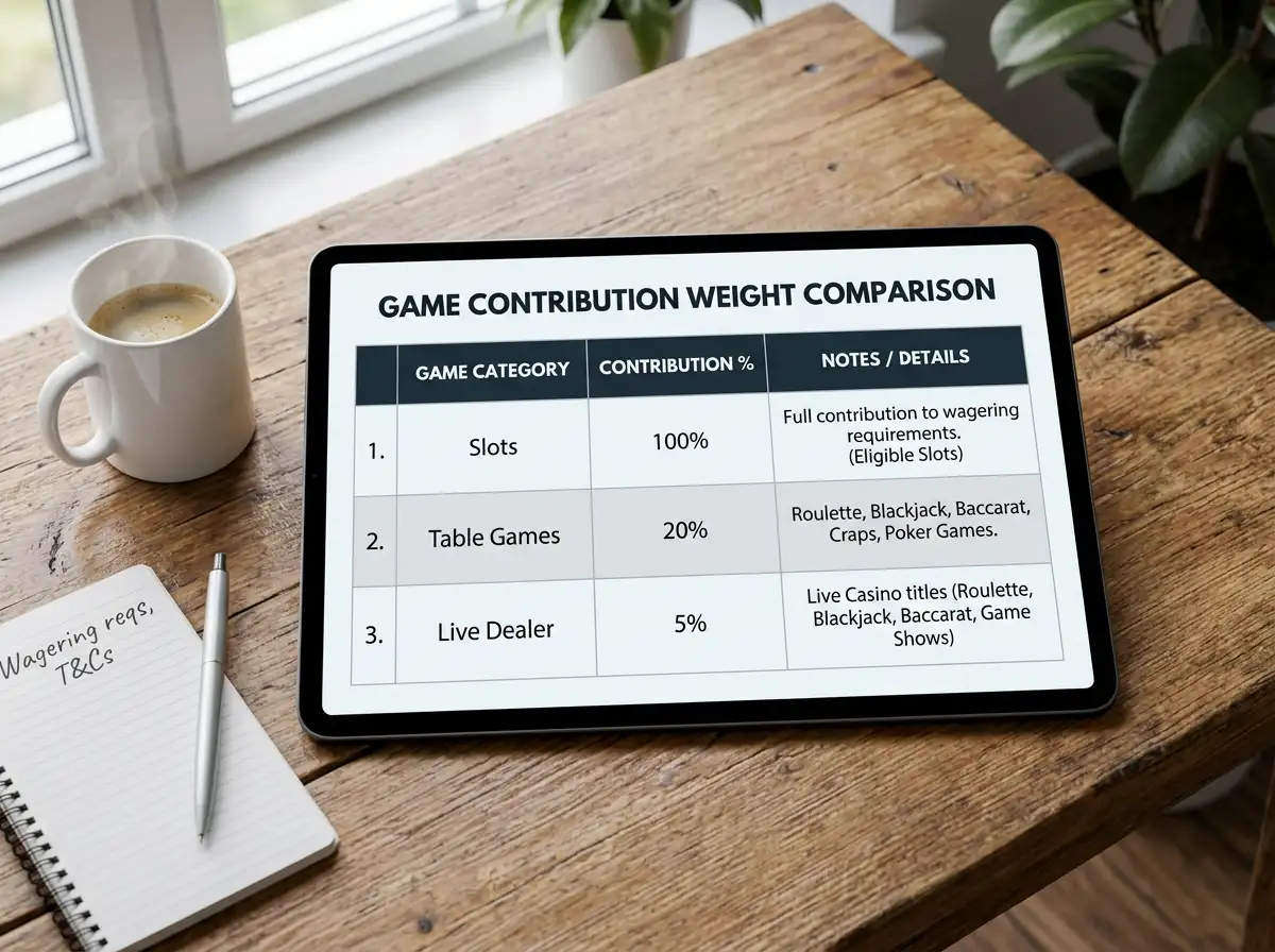 Game contribution weight table showing slot, table and live dealer percentages