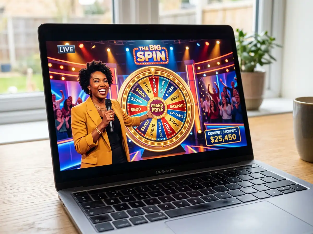 Live game show with spinning wheel hosted by presenter at casino studio