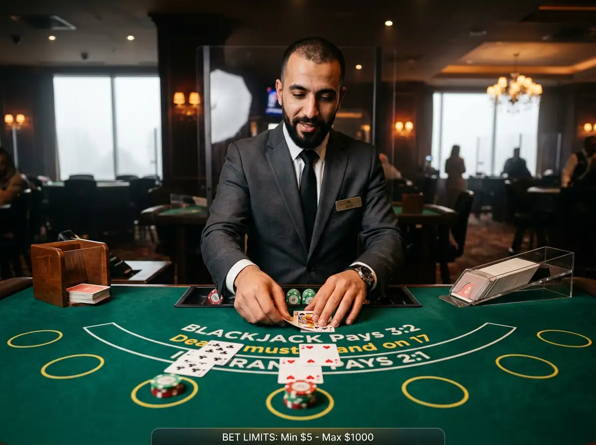 Live blackjack table displaying minimum and maximum bet limits
