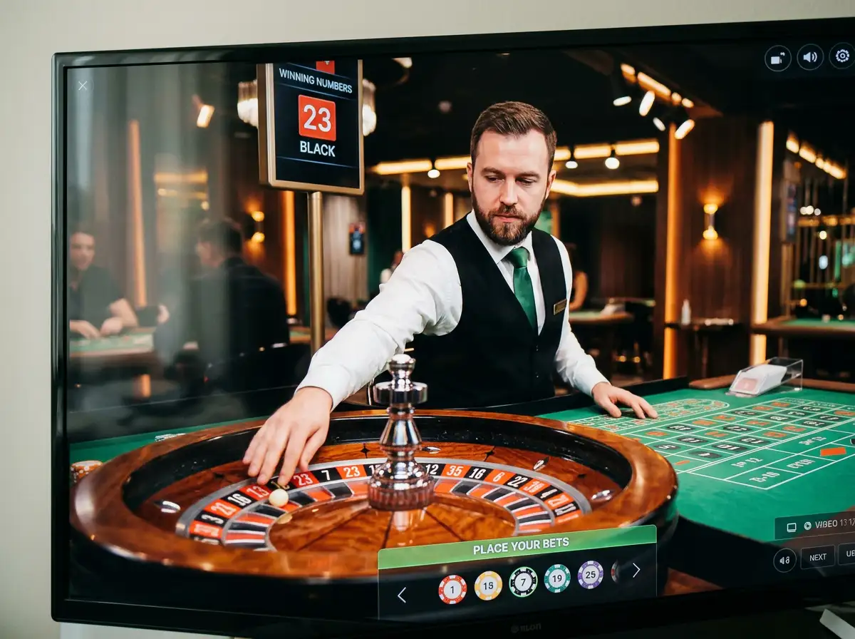 Live roulette table with dealer streaming in real-time at online casino