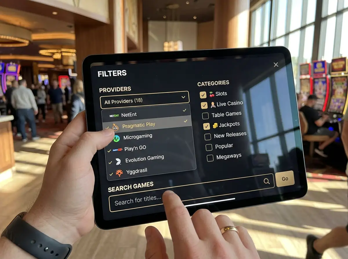 Casino lobby filter panel with provider and category search options