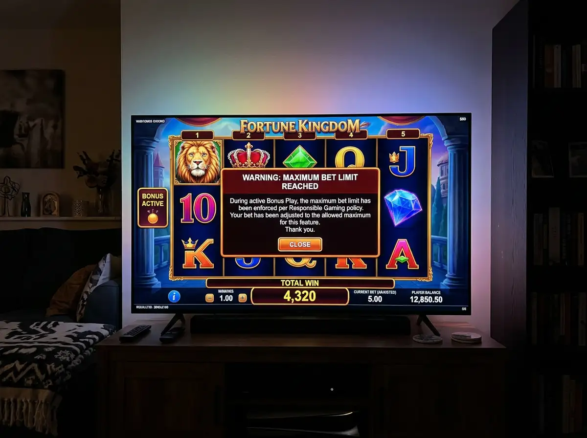 Max bet limit warning displayed during bonus wagering at online casino