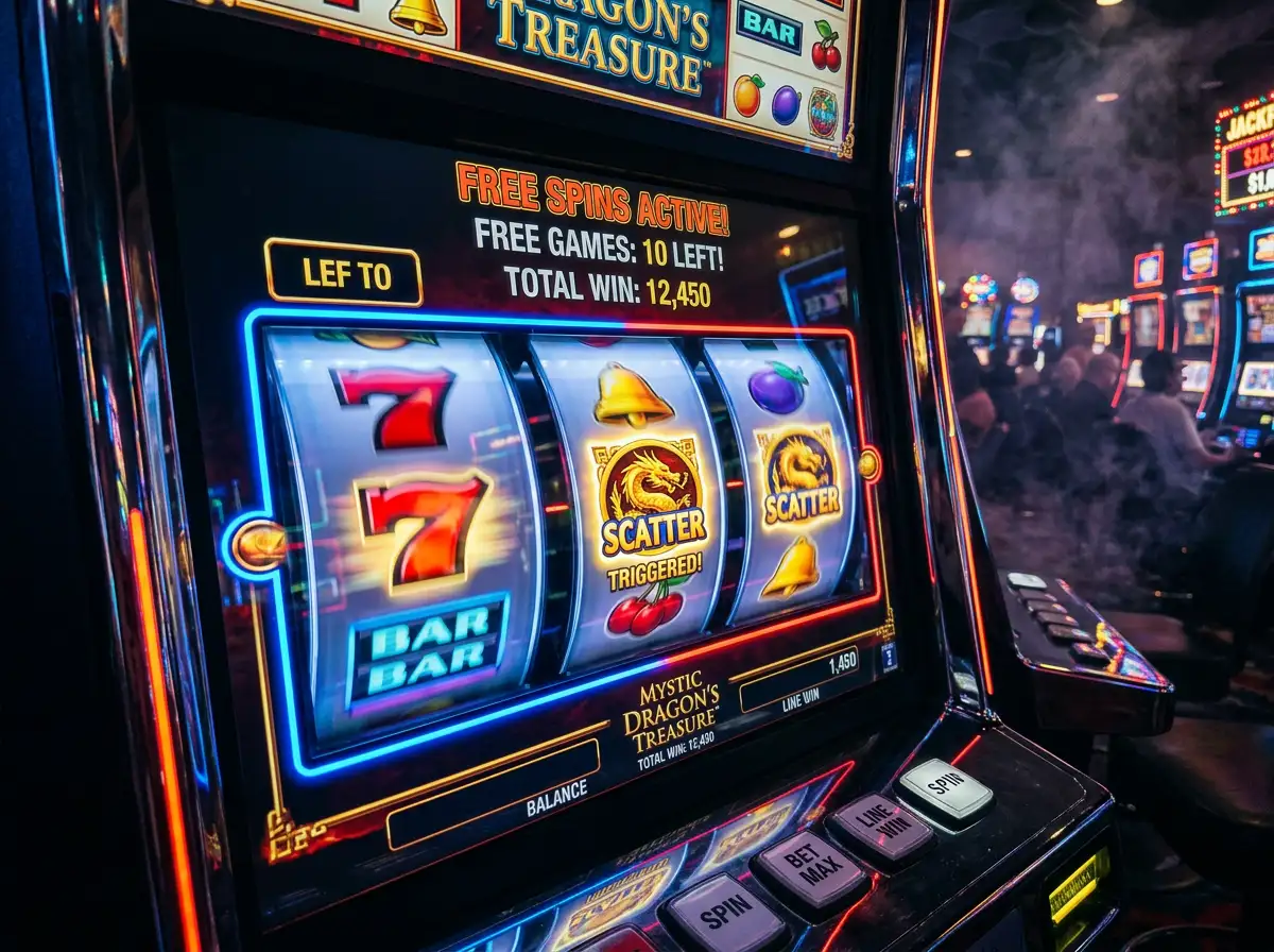 Slot machine reels spinning during a free spin round at online casino