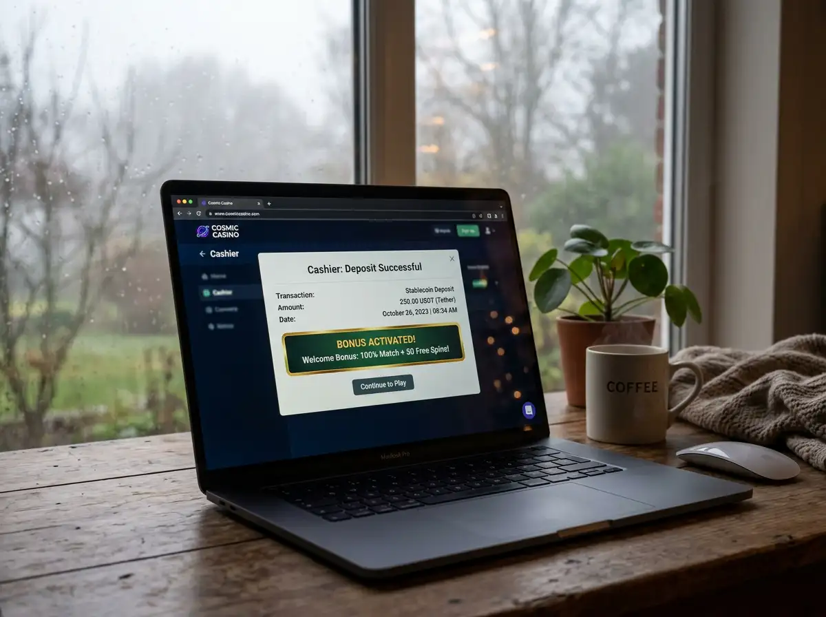 Stablecoin deposit triggering bonus activation at casino cashier
