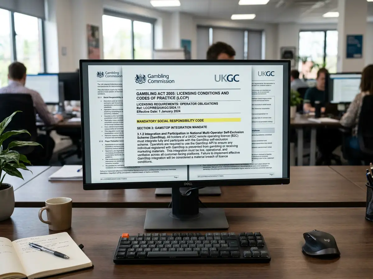 UKGC licensing requirement diagram showing mandatory GamStop integration