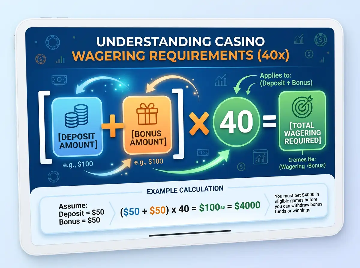 Visual formula showing how 40x wagering multiplier applies to bonus amount